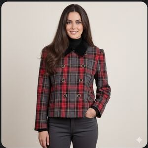 Vintage Rena Rowan Saville Double Breasted Black Velvet Collared Plaid Jacket 6